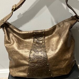 Chic Metallic Handmade Brown/Bronze Embossed Hobo Bag, Like New